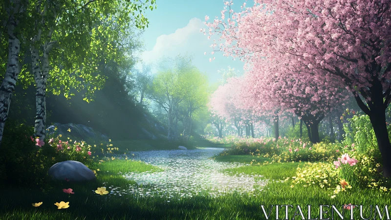 Soft spring light dances along a tranquil blossom path