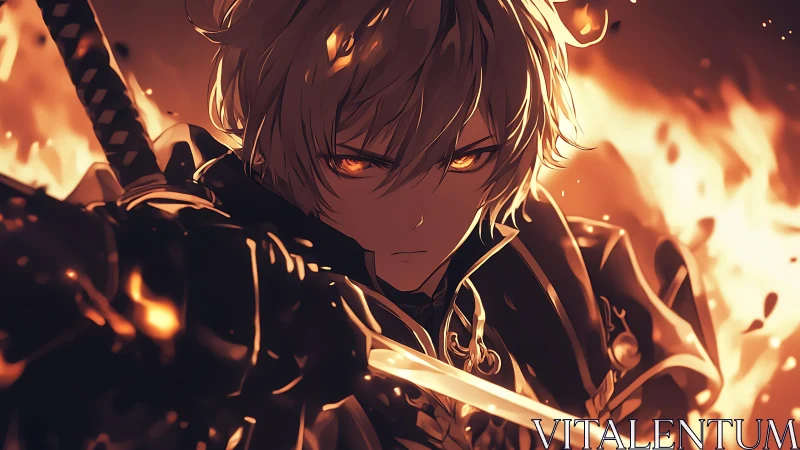 Fiery swordsman in dynamic close-up anime composition.