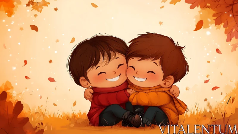 Digital illustration depicting two stylized children figures in seated embrace with autumnal environ