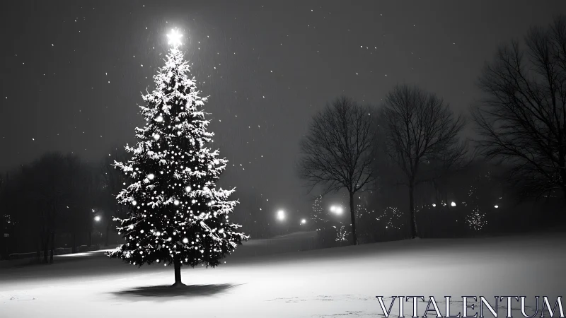 Snow-laden illuminated fir tree anchors high-contrast winter park