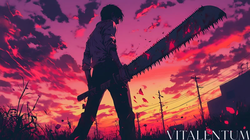 Backlit chainsaw wielder against saturated magenta sunset sky.