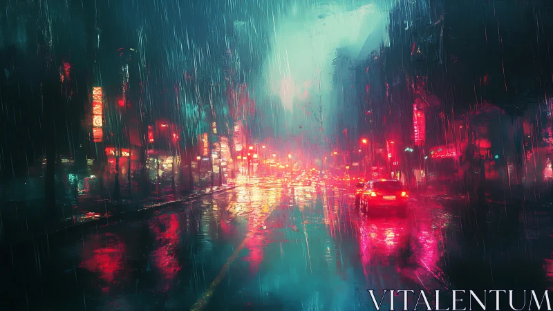 Neon-lit city street glows through heavy midnight rainstorm.