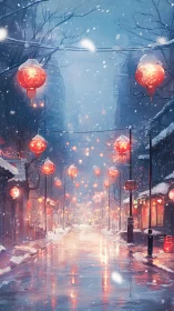 Snowy lantern street glows through soft winter twilight
