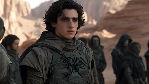 Photorealistic desert hero in tactical sci-fi armor formation.