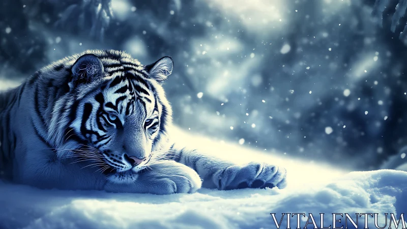 Snowy twilight tiger resting in a quiet winter dreamscape.