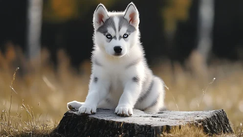 Siberian husky puppy sits on tree stump in shallow depth field