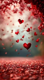 Floating Hearts Dance Through Red Clouds