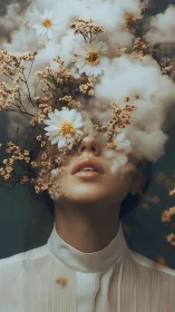 Surreal portrait merges flowers, clouds, and dreaming face.