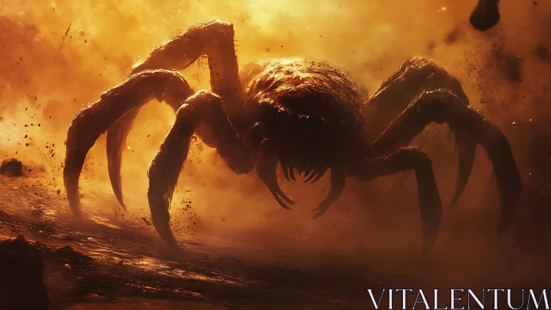 Colossal lava spider advances through a blazing dust storm.
