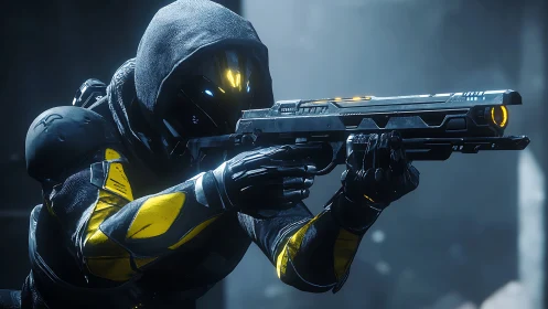 Cyberpunk marksman in tactical aim with luminous armor plating.