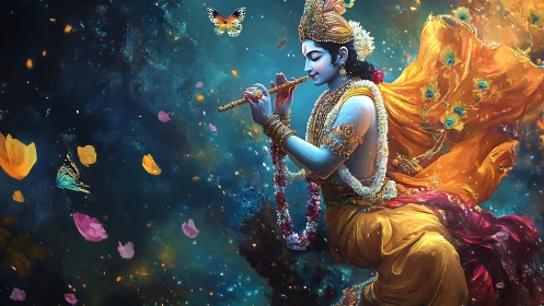 Divine blue flutist amidst petals, butterflies, and stardust.
