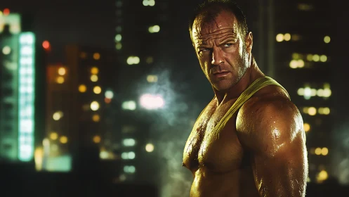 Muscular vigilante under neon city lights at moody night.