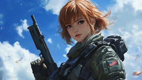 Confident red haired soldier under a bright open sky.