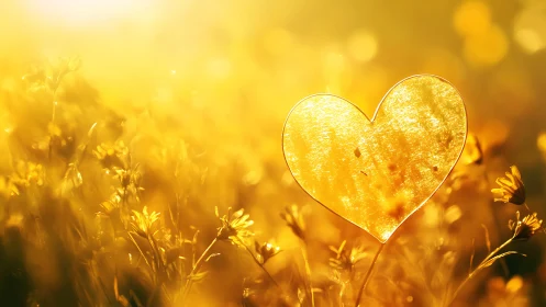 Backlit translucent heart shape in golden bokeh wildflower field
