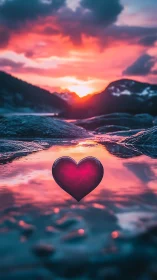 Glowing red heart floating on rocky water at vibrant sunset.