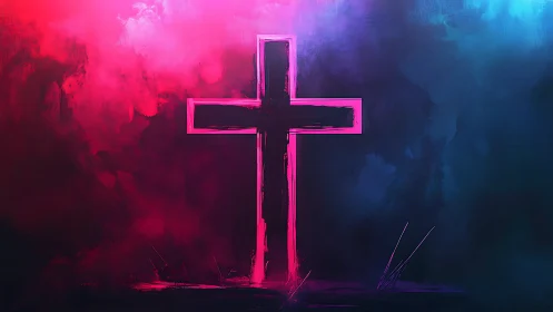 Neon cross centerpiece in atmospheric digital painting composition.