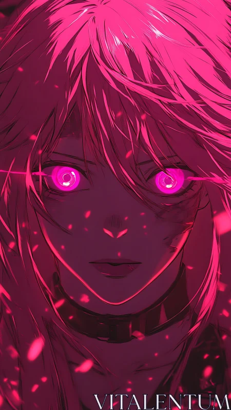Intense pink gaze of a mysterious anime heroine at night.