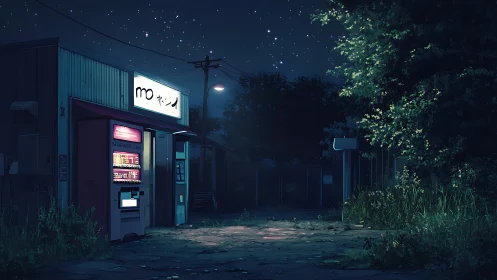 Lonely roadside vending machine glows softly under starlit sky