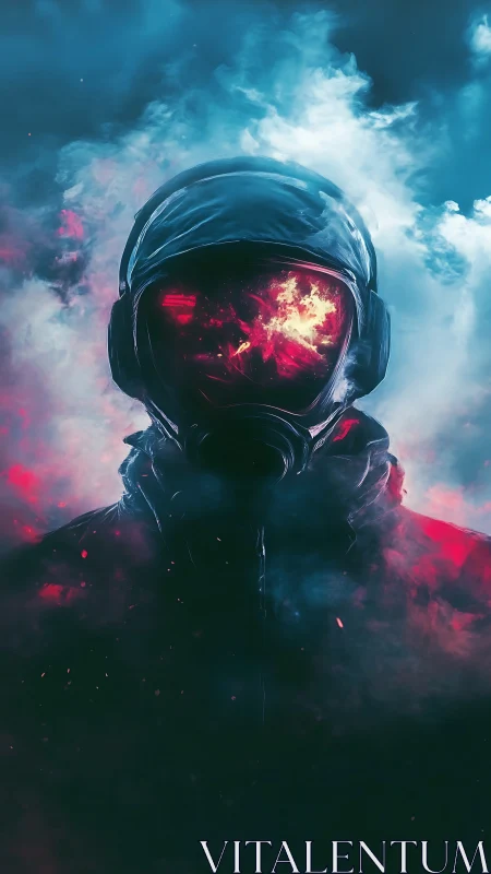 Silhouetted helmeted figure in red and blue atmospheric haze.