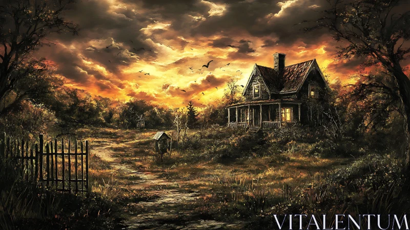 Cozy lantern lit cottage beneath a glowing autumn storm sky.