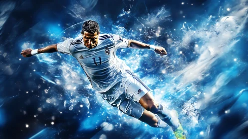 Explosive soccer leap bursts through swirling blue energy
