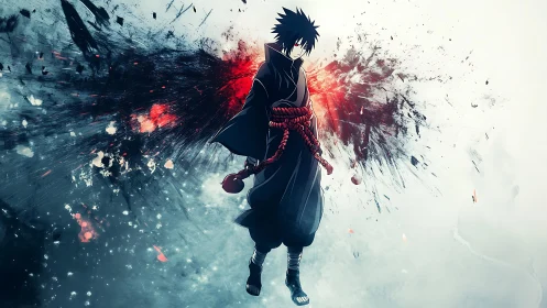 Dark anime warrior amid explosive abstract energy field.