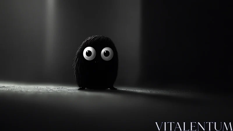 Fuzzy black creature stands alone in dramatic spotlight