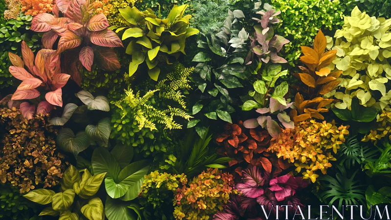 Dense vertical wall of multicolored tropical foliage plants.