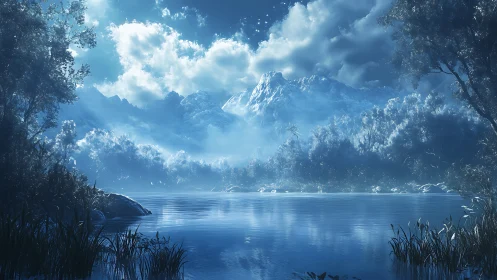Moonlit alpine lake with misted pines and icy peaks.