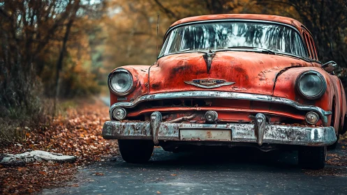 Rusty red classic car paused on a quiet autumn backroad.