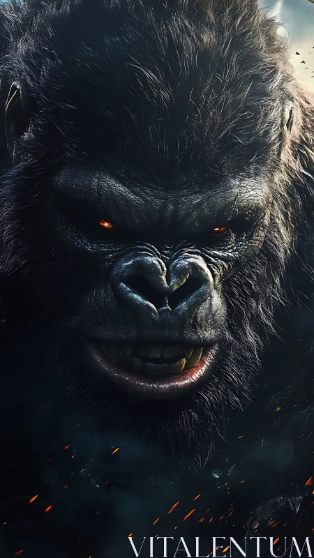 Colossal gorilla roars amid embers in dark cinematic closeup