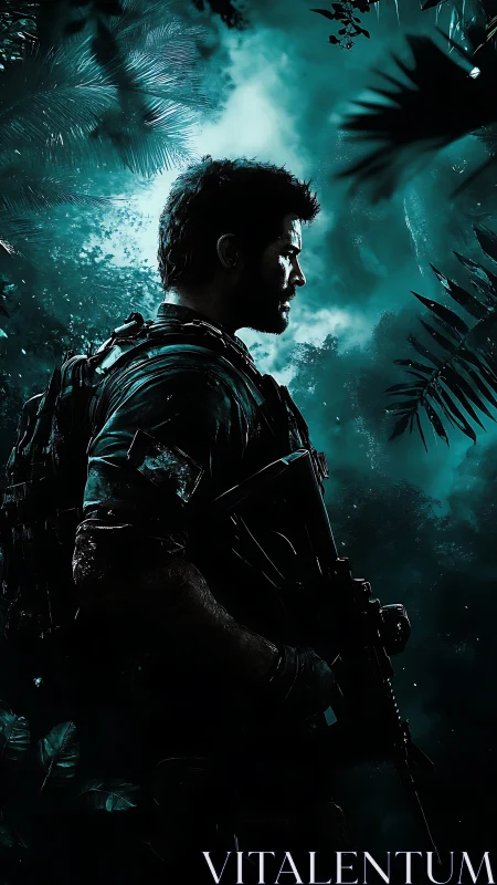 Soldier with rifle stands in dense jungle at night