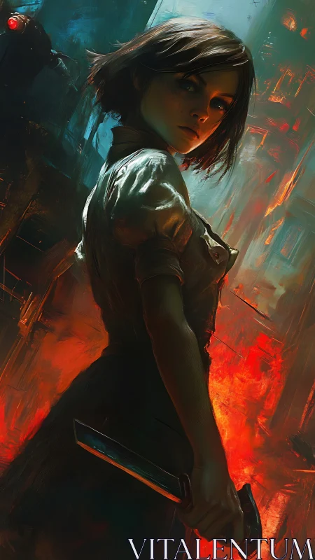 Knife-wielding woman in burning urban alleyway scene.
