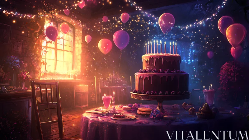 Neon Birthday Celebration: Illusory Interior with Luminous Cake.