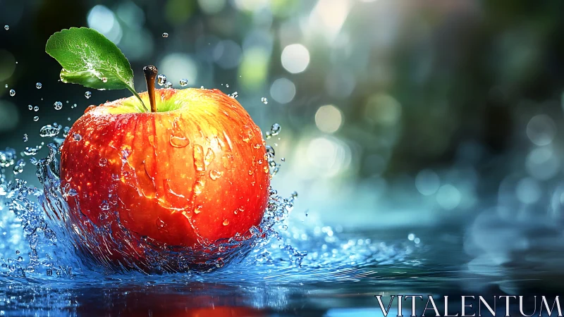 Red apple splashing in clear water with bright droplets.