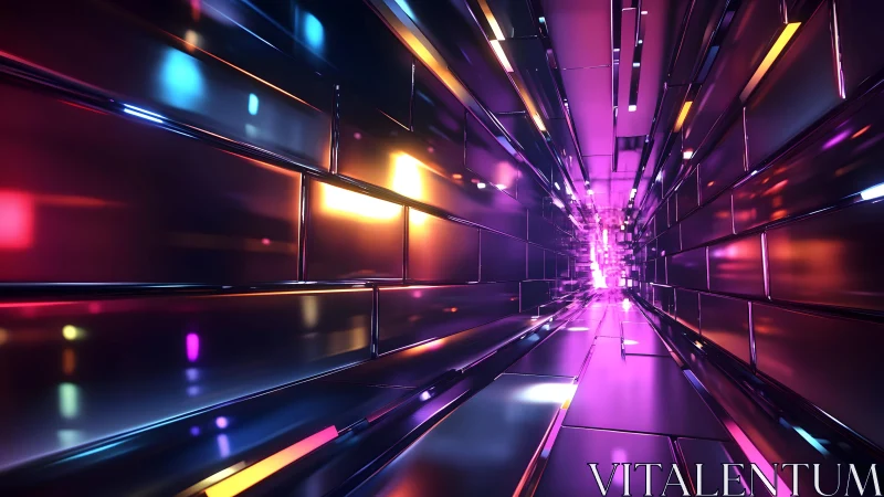 Futuristic neon tunnel with glowing geometric panels in digital art.