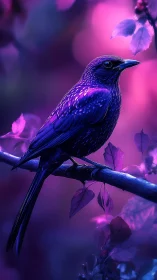Purple-toned bird on branch in soft blurred foliage background.
