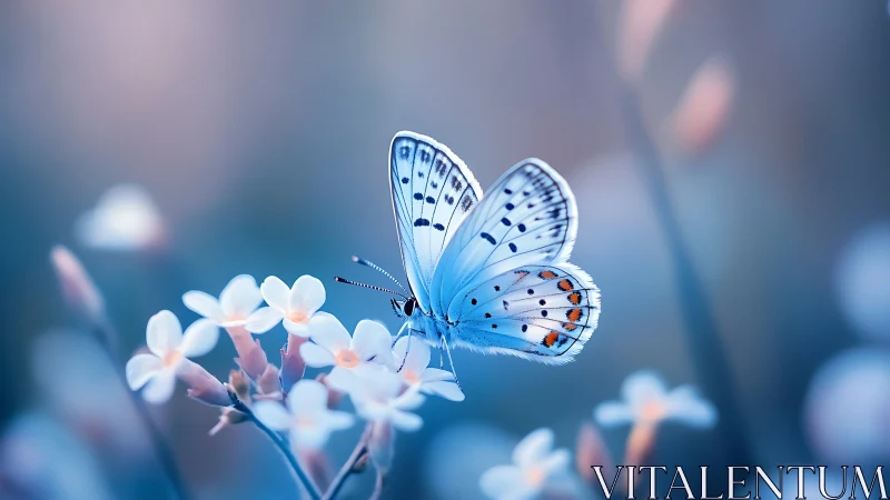 Gentle blue butterfly pauses softly among dreamy wildflowers