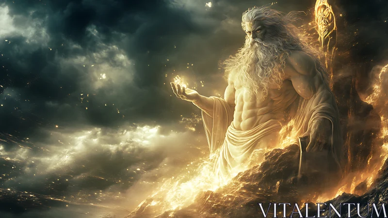 Storm-forged sky god conjuring golden celestial fire.