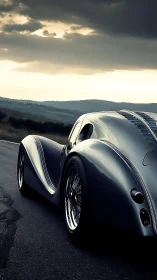Streamlined retro-futurist coupe on wet asphalt at dusk