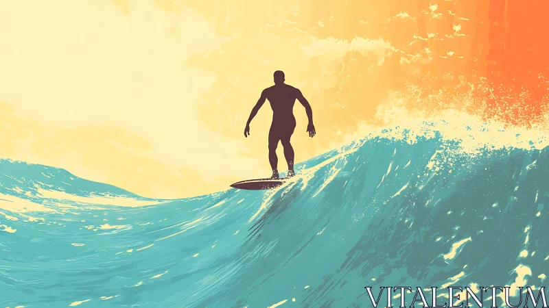 Surfer rides sunlit turquoise wave against glowing sky