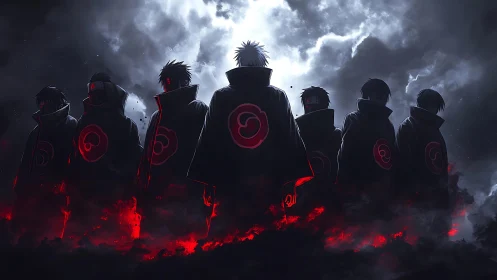 Backlit cloaked silhouettes emerge from red illuminated ground plane