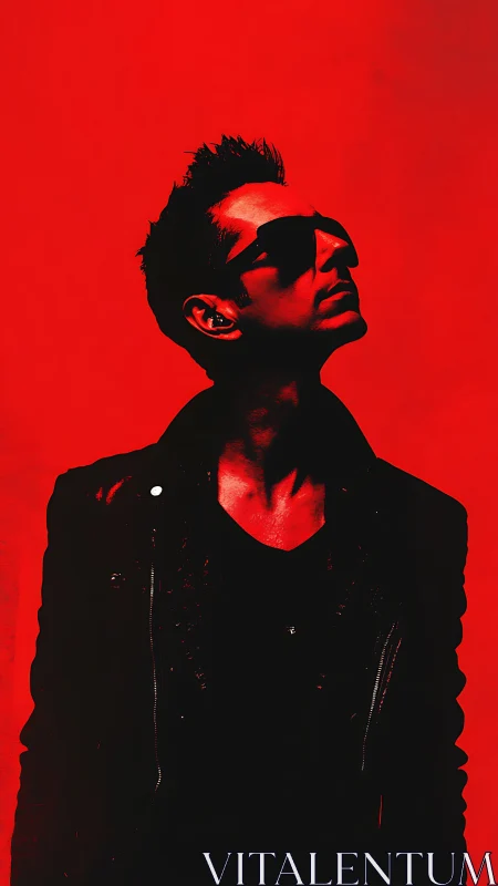 High-contrast red portrait isolates silhouetted man in leather