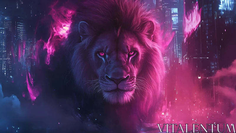 Neon cyberpunk lion dominates glowing futuristic city