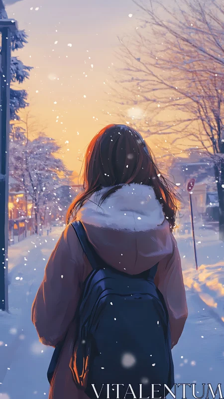 Winter street stroll glows gently in soft evening light