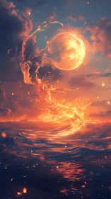 Celestial Fire Phenomenon: Luminous Moon Engulfed by Molten Energy Vortex