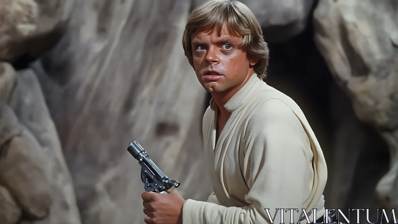 Young man in light tunic holding metallic sci‑fi weapon