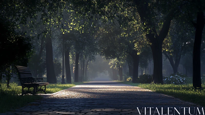 Sunlit park path drifts into a tranquil, misty distance.
