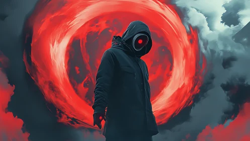 Hooded void wanderer before swirling crimson portal.