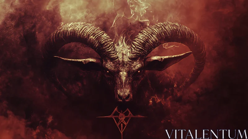 Ram skull with curved horns emerges from dense red smoke